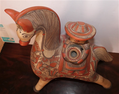 Large Hand Painted Mexican Pottery Horse Bank - Horse with Rider Holding Pot - Heavy Statue Measures 20 tall 16 Long