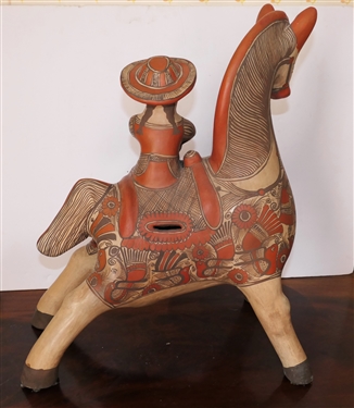 Large Hand Painted Mexican Pottery Horse Bank - Horse with Rider Holding Pot - Heavy Statue Measures 20 tall 16 Long