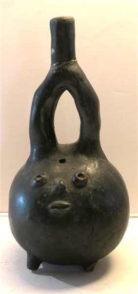Pre Columbian Ocarina - Pipe Instrument with Face - Measures 7 1/4" Tall Body Has Been Repaired 