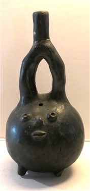Pre Columbian Ocarina - Pipe Instrument with Face - Measures 7 1/4 Tall Body Has Been Repaired 