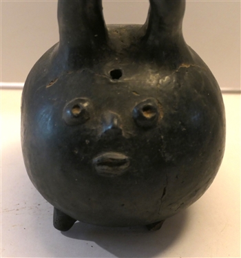 Pre Columbian Ocarina - Pipe Instrument with Face - Measures 7 1/4 Tall Body Has Been Repaired 