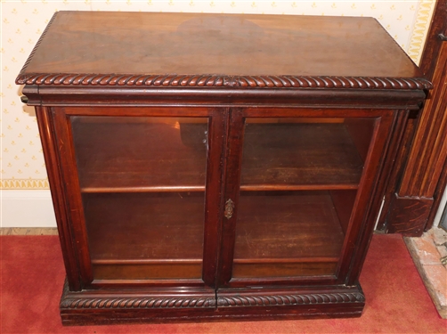 Nice Mahogany Double Door Book / Display Case - 2 Adjustable Wood Shelves - Heavily Carved Trim - Book Case Measures 36 1/2 Tall 40 by 18 