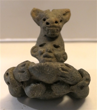 Myan Figural Statue - Figure Holding Bowl with Animal Mask -Statue Measures 2 1/2 Tall 