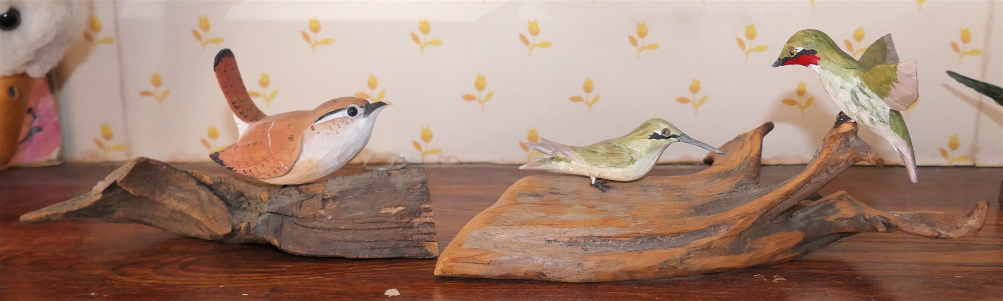 2 Hand Carved and Painted Wooden Birds - Tony Dills Sparrow Bird - Broken Beak and L. Wilder Humming Birds on Wood Base - Largest Bird Beak is Broken - Wilder Birds Measure 3 3/4" tall 