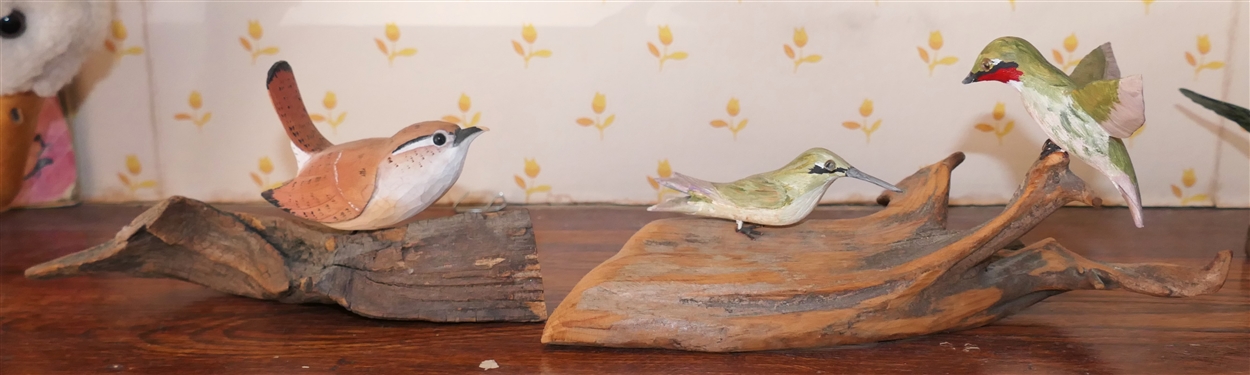 2 Hand Carved and Painted Wooden Birds - Tony Dills Sparrow Bird - Broken Beak and L. Wilder Humming Birds on Wood Base - Largest Bird Beak is Broken - Wilder Birds Measure 3 3/4 tall 