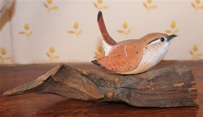 2 Hand Carved and Painted Wooden Birds - Tony Dills Sparrow Bird - Broken Beak and L. Wilder Humming Birds on Wood Base - Largest Bird Beak is Broken - Wilder Birds Measure 3 3/4 tall 