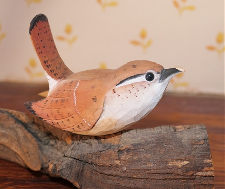 2 Hand Carved and Painted Wooden Birds - Tony Dills Sparrow Bird - Broken Beak and L. Wilder Humming Birds on Wood Base - Largest Bird Beak is Broken - Wilder Birds Measure 3 3/4 tall 