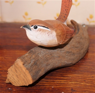 2 Hand Carved and Painted Wooden Birds - Tony Dills Sparrow Bird - Broken Beak and L. Wilder Humming Birds on Wood Base - Largest Bird Beak is Broken - Wilder Birds Measure 3 3/4 tall 