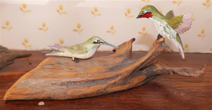 2 Hand Carved and Painted Wooden Birds - Tony Dills Sparrow Bird - Broken Beak and L. Wilder Humming Birds on Wood Base - Largest Bird Beak is Broken - Wilder Birds Measure 3 3/4 tall 