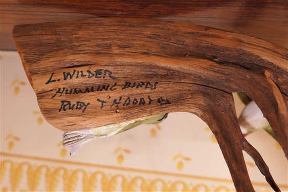 2 Hand Carved and Painted Wooden Birds - Tony Dills Sparrow Bird - Broken Beak and L. Wilder Humming Birds on Wood Base - Largest Bird Beak is Broken - Wilder Birds Measure 3 3/4 tall 