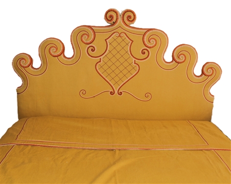 Cruelled Headboard and Matching Spread - Queen Size - Golden Color with Pink Accents - Crewel Embroidered Headboard 