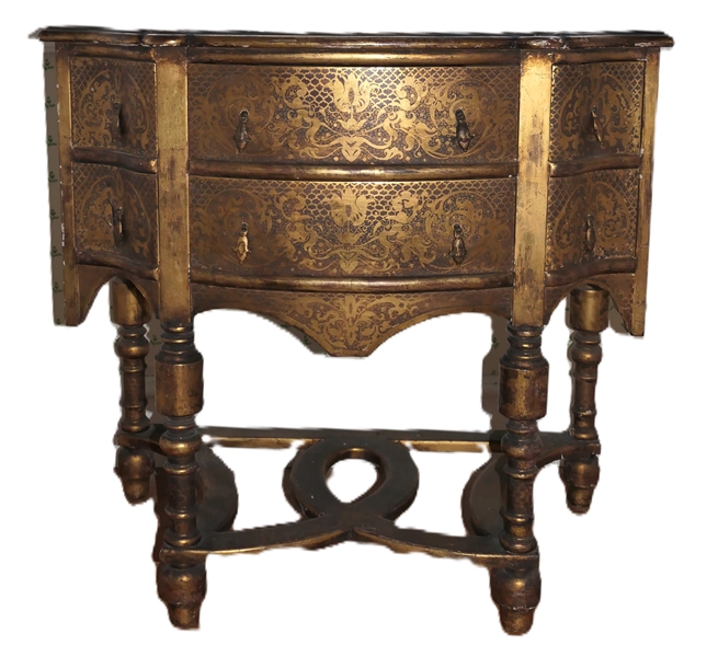 Florentine Stand with Gold Gilt Decoration - 4 Drawers - Stretcher Base - Stand Measures 31" tall 32" By 18" 