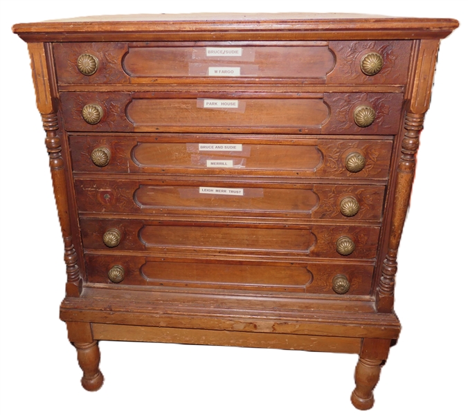 6 Drawer Spool Cabinet on Feet - Brass Pulls - Paneled Drawer Fronts and Sides - Cabinet Measures 29 3/4" Tall 26" by 19 1/4"