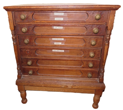 6 Drawer Spool Cabinet on Feet - Brass Pulls - Paneled Drawer Fronts and Sides - Cabinet Measures 29 3/4 Tall 26 by 19 1/4