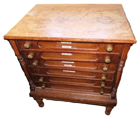 6 Drawer Spool Cabinet on Feet - Brass Pulls - Paneled Drawer Fronts and Sides - Cabinet Measures 29 3/4 Tall 26 by 19 1/4