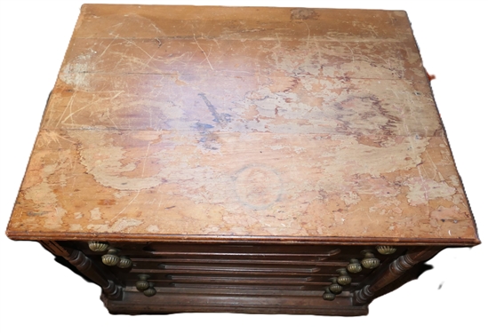 6 Drawer Spool Cabinet on Feet - Brass Pulls - Paneled Drawer Fronts and Sides - Cabinet Measures 29 3/4 Tall 26 by 19 1/4