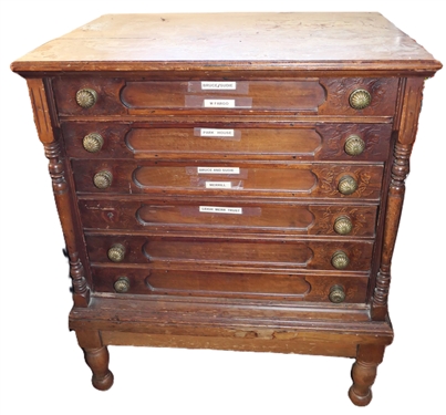 6 Drawer Spool Cabinet on Feet - Brass Pulls - Paneled Drawer Fronts and Sides - Cabinet Measures 29 3/4 Tall 26 by 19 1/4