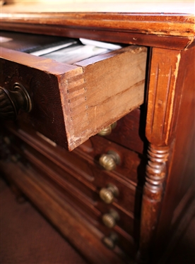 6 Drawer Spool Cabinet on Feet - Brass Pulls - Paneled Drawer Fronts and Sides - Cabinet Measures 29 3/4 Tall 26 by 19 1/4