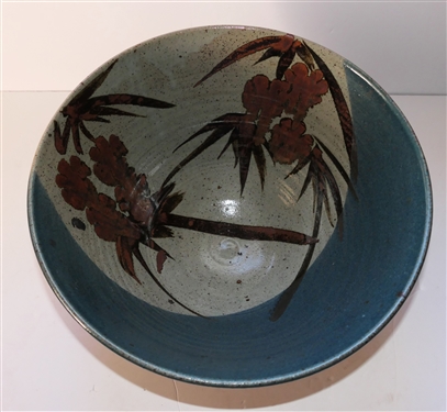 Large Studio Art Pottery Bowl with Bamboo Motif - Blue and Gray Glaze - Artist Signed on Bottom - Bowl Measures 7 tall 14 Across