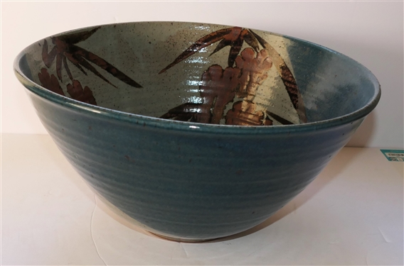 Large Studio Art Pottery Bowl with Bamboo Motif - Blue and Gray Glaze - Artist Signed on Bottom - Bowl Measures 7 tall 14 Across