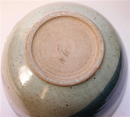 Large Studio Art Pottery Bowl with Bamboo Motif - Blue and Gray Glaze - Artist Signed on Bottom - Bowl Measures 7 tall 14 Across