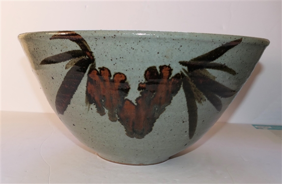 Large Studio Art Pottery Bowl with Bamboo Motif - Blue and Gray Glaze - Artist Signed on Bottom - Bowl Measures 7 tall 14 Across