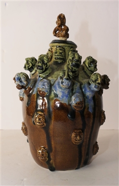 Very Cool Stacy Lambert Seagrove North Carolina Art Pottery Jug with Many Faces - Pottery Stopper - Artist Signed and Dated 11-22-2002 Jug Measures 7 Tall