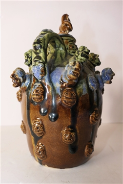 Very Cool Stacy Lambert Seagrove North Carolina Art Pottery Jug with Many Faces - Pottery Stopper - Artist Signed and Dated 11-22-2002 Jug Measures 7 Tall