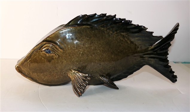 David Bellar North Carolina Art Pottery Fish Sculpture Signed Beller - Fish Measures 7 tall 14 Nose to Tail 