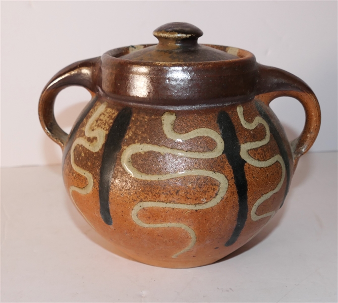 Mark Hewitt North Carolina Art Pottery Double Handled Vessel with Lid - Marked WMH -P - Decorated With Lines and Squiggles - Vessel Measures 6" Tall 7" Handle to Handle 