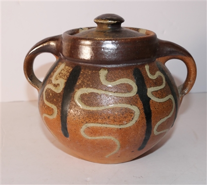 Mark Hewitt North Carolina Art Pottery Double Handled Vessel with Lid - Marked WMH -P - Decorated With Lines and Squiggles - Vessel Measures 6 Tall 7 Handle to Handle 