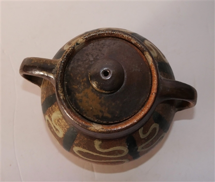 Mark Hewitt North Carolina Art Pottery Double Handled Vessel with Lid - Marked WMH -P - Decorated With Lines and Squiggles - Vessel Measures 6 Tall 7 Handle to Handle 