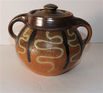 Mark Hewitt North Carolina Art Pottery Double Handled Vessel with Lid - Marked WMH -P - Decorated With Lines and Squiggles - Vessel Measures 6 Tall 7 Handle to Handle 
