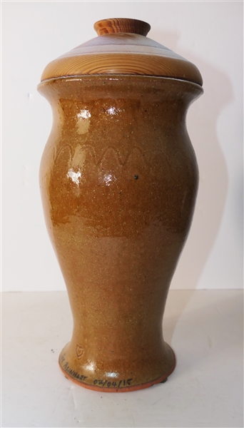 Joe Reinhart Vale North Carolina Art Pottery Vase with Wood Lid - Poem on Bottom - "Don’t Worry If You Got A Mad Down Go Ahead and Kick Him" - Vase Measures 10" Tall Not Including lid 