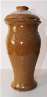 Joe Reinhart Vale North Carolina Art Pottery Vase with Wood Lid - Poem on Bottom - Don’t Worry If You Got A Mad Down Go Ahead and Kick Him - Vase Measures 10 Tall Not Including lid 