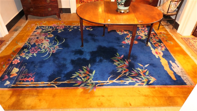 Chinese Wool Rug - Navy Background with Gold Border - Bamboo and Flower Motif  - Rug Measures 8'10 by 11'5