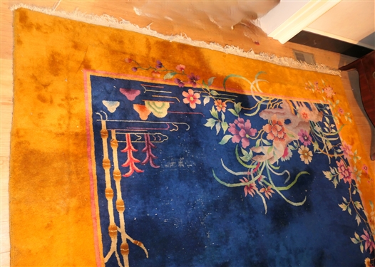 Chinese Wool Rug - Navy Background with Gold Border - Bamboo and Flower Motif  - Rug Measures 8'10 by 11'5
