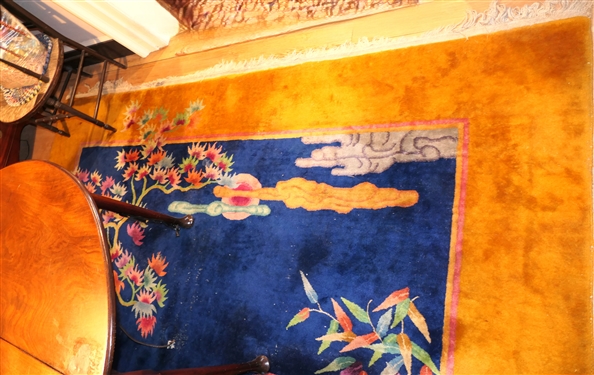 Chinese Wool Rug - Navy Background with Gold Border - Bamboo and Flower Motif  - Rug Measures 8'10 by 11'5
