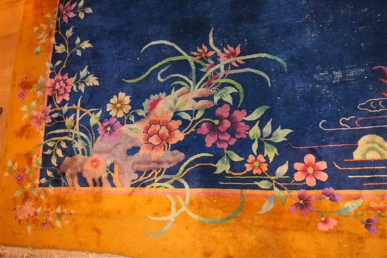 Chinese Wool Rug - Navy Background with Gold Border - Bamboo and Flower Motif  - Rug Measures 8'10 by 11'5