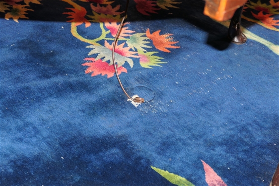 Chinese Wool Rug - Navy Background with Gold Border - Bamboo and Flower Motif  - Rug Measures 8'10 by 11'5