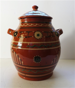 H & E Pugh New Salem North Carolina Art Pottery Jar with Lid - Slip Decorated Redware - Jar Measures 10 tall 