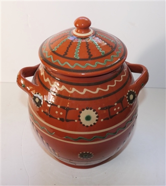 H & E Pugh New Salem North Carolina Art Pottery Jar with Lid - Slip Decorated Redware - Jar Measures 10 tall 