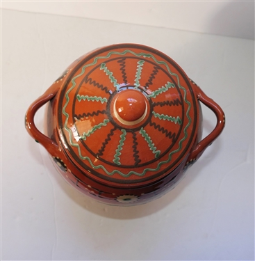 H & E Pugh New Salem North Carolina Art Pottery Jar with Lid - Slip Decorated Redware - Jar Measures 10 tall 