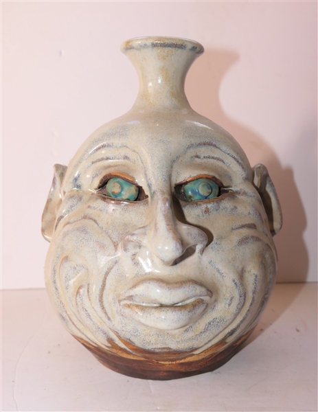 Artist Signed RF Seagrove North Carolina Art Pottery Face Jug - Light Blue Glaze with Blue Eyes - Jug Measures 9" Tall