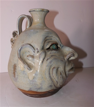 Artist Signed RF Seagrove North Carolina Art Pottery Face Jug - Light Blue Glaze with Blue Eyes - Jug Measures 9 Tall