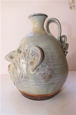 Artist Signed RF Seagrove North Carolina Art Pottery Face Jug - Light Blue Glaze with Blue Eyes - Jug Measures 9 Tall