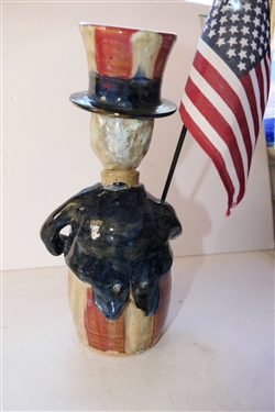 Crystal King North Carolina Art Pottery Uncle Sam Bottle -Uncle Sam's Head is Stopper - Bottle Measures 12 tall - Dated 2004