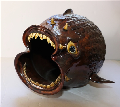 Roger Corn Georgia Folk Art Pottery Fish - Horny Head #19 - Dated 2003 - Gish Measures 6 tall 13 Mouth to Tail - Small Broken Area on Fin, 1 Broken Tooth,  and Small Glaze Flake Around Mouth 