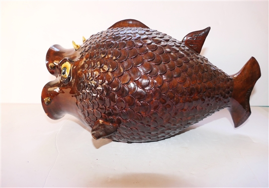 Roger Corn Georgia Folk Art Pottery Fish - Horny Head #19 - Dated 2003 - Gish Measures 6 tall 13 Mouth to Tail - Small Broken Area on Fin, 1 Broken Tooth,  and Small Glaze Flake Around Mouth 