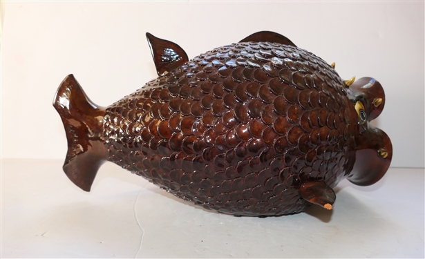 Roger Corn Georgia Folk Art Pottery Fish - Horny Head #19 - Dated 2003 - Gish Measures 6 tall 13 Mouth to Tail - Small Broken Area on Fin, 1 Broken Tooth,  and Small Glaze Flake Around Mouth 